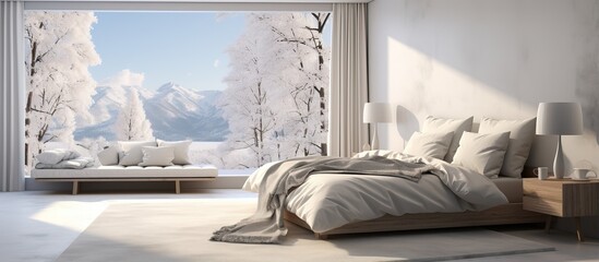 White Scandinavian bedroom interior with a double bed frames on the wall a white landscape outside the window and curtains Nordic home interior depicted in