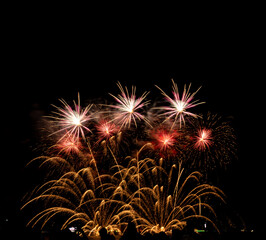 Fireworks show under defocus or blur concepts with isolated black background at night, this celebration is for the International Fireworks Festival in Pattaya on Nov 24-25 in Thailand
