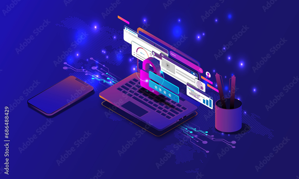 Poster abstract background image, technology concept, laptop, data locking, network encryption, web site