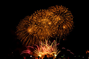 Fireworks show under defocus or blur concepts with isolated black background at night, this...