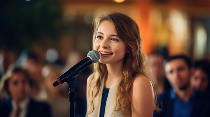 woman engaged in a heartfelt, first-time public speaking event, a candid coming of age moment filled with genuine emotion, graduation, event - obrazy, fototapety, plakaty