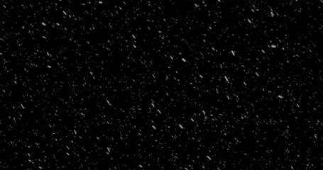 Fotobehang Cinematic snowfall loop animation of a surreal realistic snowflake falling bg. Snowfall winter overlay slowly falls on a black backdrop. Snowflake for Christmas new year 2024,2025. © PhoenixStock