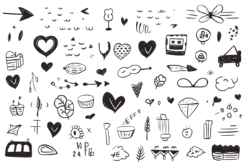 Hand drawn simple elements set. Sketch underlines, icons, emphasis, speech bubbles, arrows and shapes. Vector illustration isolated on white background. generative ai.
