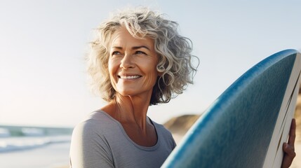 Middle-aged woman holding a surfboard on a beach, radiating vitality, optimism, health, and wellbeing, aging gracefully and embracing active lifestyle