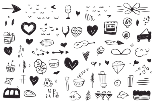 Hand drawn simple elements set. Sketch underlines, icons, emphasis, speech bubbles, arrows and shapes. Vector illustration isolated on white background. generative ai.