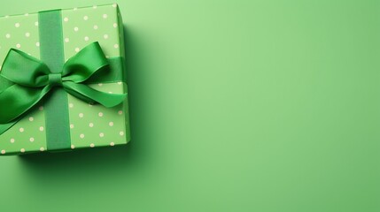 St Patrick's Day concept. Top view of green giftbox with polka dot pattern and ribbon on green background with copy space - obrazy, fototapety, plakaty