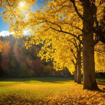 Beautiful meadow in the park ,beautiful spooky autumn forest, golden hour, meadow in the middle, cricked trees in the background ,Sunshine and Starlight, and connected to the earth on a sunny day.tree