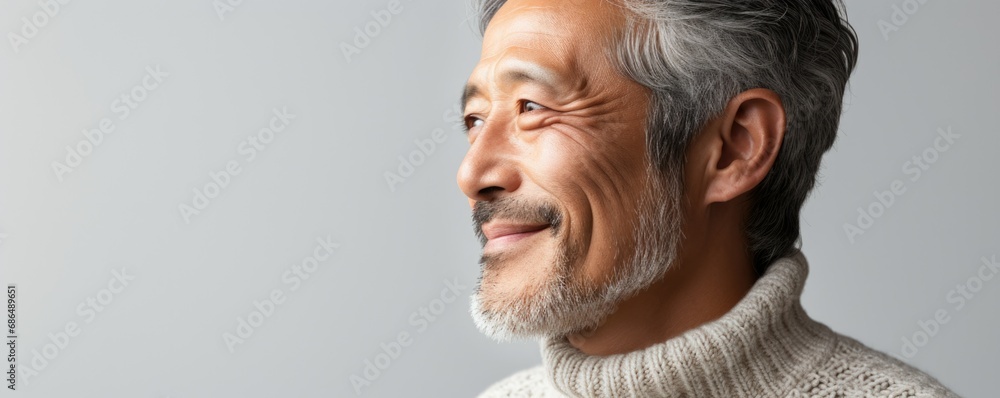 Wall mural asian male with grey hair and beard look aside, copy space, banner