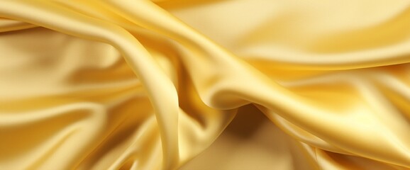 Yellow silk satin. Draped fabric. golden color. Luxury background. Space for design. Template. Flat lay, top view table.Web banner. Christmas,wedding,bridal,beauty, valentine, romance, award, reward
