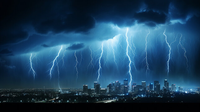 lightning over the city  HD 8K wallpaper Stock Photographic Image 