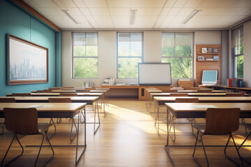 Fototapeta premium Sunny Modern Classroom with Empty Desks and Blackboard