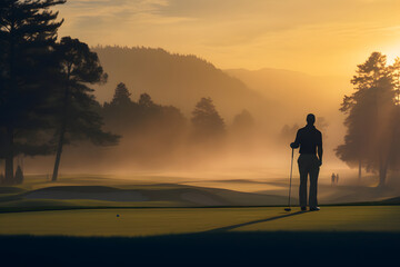 Fototapeta na wymiar silhouette of a person plaing golf in the morning