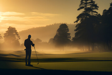 silhouette of a person plaing golf in the morning - obrazy, fototapety, plakaty