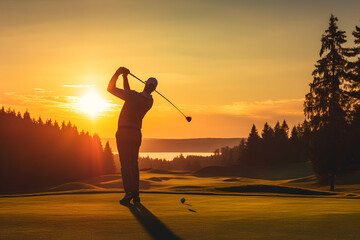 silhouette of a person plaing golf in the morning - obrazy, fototapety, plakaty