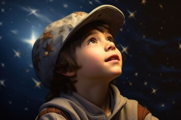 Young boy wearing hat looks up with curiosity. Perfect for illustrating innocence and wonder. - obrazy, fototapety, plakaty