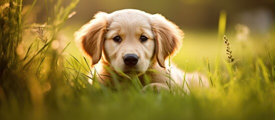 Adorable golden retriever puppy exploring fresh grass.