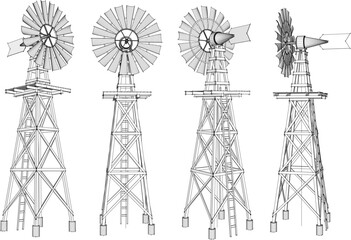 Vector sketch illustration of waterwheel tower design for village farm - obrazy, fototapety, plakaty