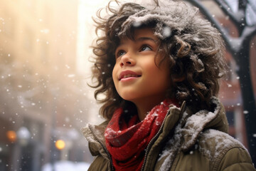 Young boy is pictured wearing brown jacket with furry hood. This image can be used to depict child in cold weather or for fashion-related projects