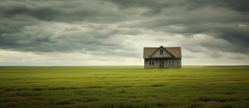 A gloomy day captures a wooden house in an open field with a green background.