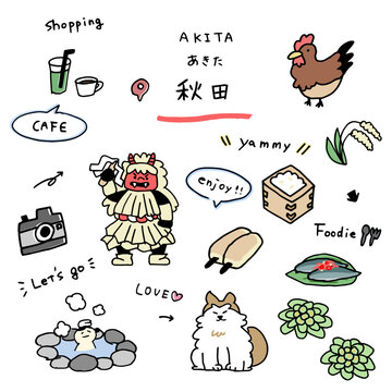 秋田の手描きのアイコンセット