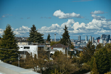 Fototapeta na wymiar Space Needle and Seattle skyline from rooftop in West Seattle