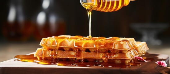 Cooking waffles with honey on a serving board. - obrazy, fototapety, plakaty