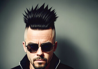Young punk man wearing black glasses. Portrait of bold male with bright image, daring style. Generative AI.