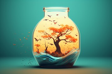 Graphic illustration of a tree in a glass jar