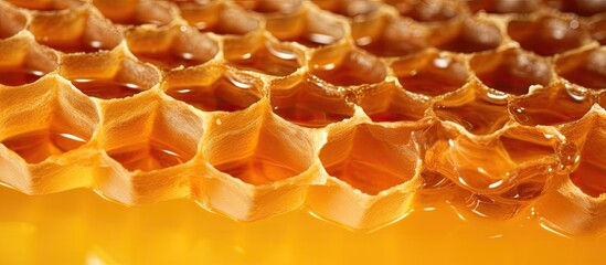 Close-up of honey-filled cells in a beekeeping frame.