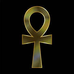 Golden Ankh symbol, ancient egyptian amulet Isolated on black background.