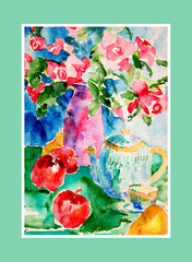Watercolor Painting Roses Tea and Fruit