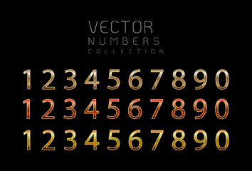 Golden numbers with golden outline. Numbers set vector font alphabet, luxury flat design ; application, creative poster & Party, birthday, celebrate anniversary and wedding. Vector design elements