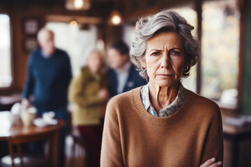 Senior brunette woman feeling sad and disappointed, her husband is behind - obrazy, fototapety, plakaty