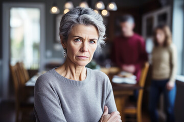 Senior brunette woman feeling sad and disappointed, her husband is behind