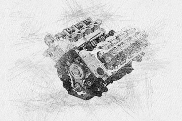 hand drawn sketch of a car engine