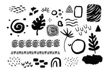 Set african tribal ethnic shapes elements in doodle style isoated on white background. Brush ornaments native sign.