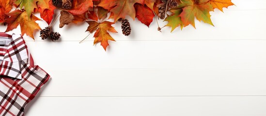 Autumn-themed arrangement: Plaid sweater, white background, leaves. Top view, copy space.