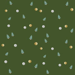 A cute seamless minimal green background or wallpaper for Christmas, included Christmas tree, ornaments. - obrazy, fototapety, plakaty