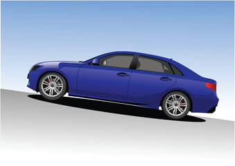Blue car sedan on the road. Vector 3d hand drawn illustration