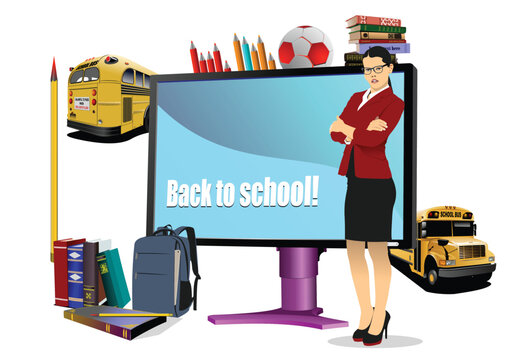 Big abstract set of  Back to school with desk and school teacher images . Vector 3d hand drawn illustration