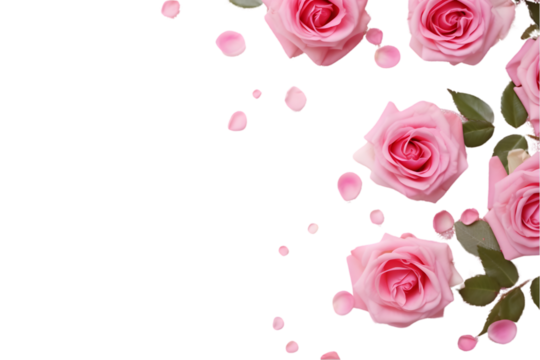 Pink rose flowers and leaves in a top border with glitter confetti. generative ai.