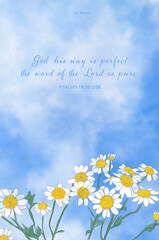 Daisy flower spring background with blue sky and Biblical verse. - obrazy, fototapety, plakaty