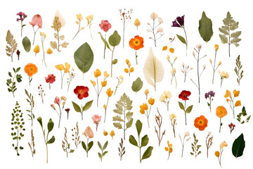 pressed flowers and leaves isolated on white background. generative ai.