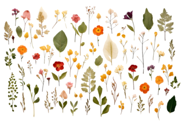 pressed flowers and leaves isolated on white background. generative ai.