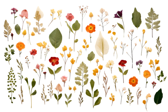 pressed flowers and leaves isolated on white background. generative ai.