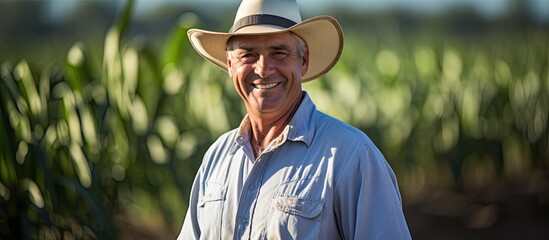 Brazilian farmer using tablet on sugarcane plantation.