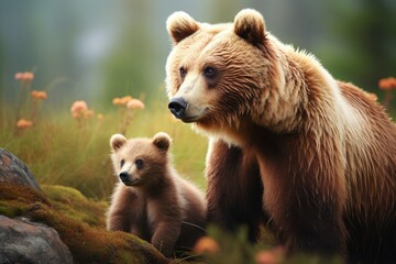 Obraz premium Illustrate the tenderness between a mother bear and her playful cubs