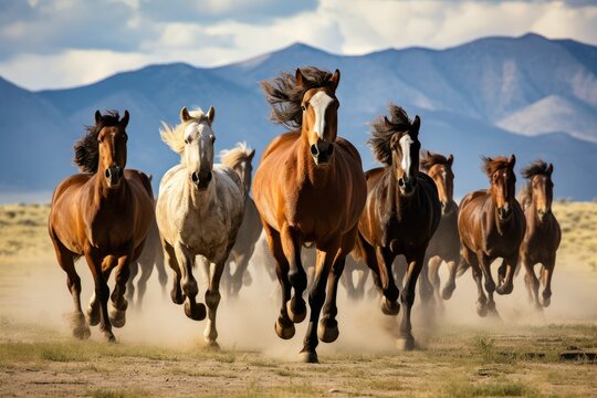 Showcase the energy and speed of wild horses galloping across an open plain