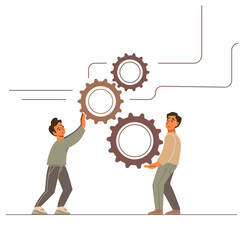 A people perform a complex task at work. A difficult working process. Cartoon men doing hard job. Mechanism and gears.