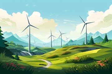 Wind farm near a lake on a green field - obrazy, fototapety, plakaty